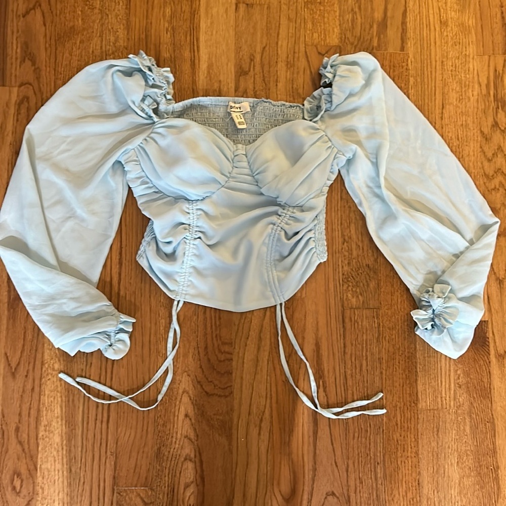 Privy Light Blue Chiffon Top with Ruched Back Cropped Top